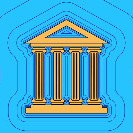 Historical building illustration. Vector. Sand color icon with black contour and equidistant blue contours like field at sky blue background. Like waves on map - island in ocean or sea.のイラスト素材