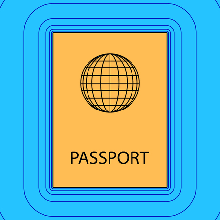 Passport sign illustration. Vector. Sand color icon with black contour and equidistant blue contours like field at sky blue background. Like waves on map - island in ocean or sea.のイラスト素材