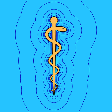 Symbol of the Medicine. Vector. Sand color icon with black contour and equidistant blue contours like field at sky blue background. Like waves on map - island in ocean or sea.のイラスト素材