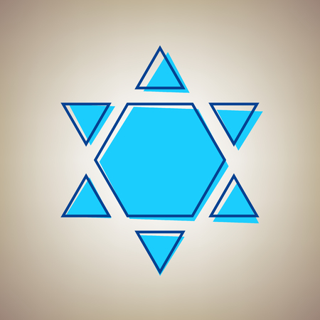Shield Magen David Star Inverse. Symbol of Israel inverted. Vector. Sky blue icon with defected blue contour on beige background.のイラスト素材