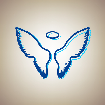 Wings sign illustration. Vector. Sky blue icon with defected blue contour on beige background.のイラスト素材