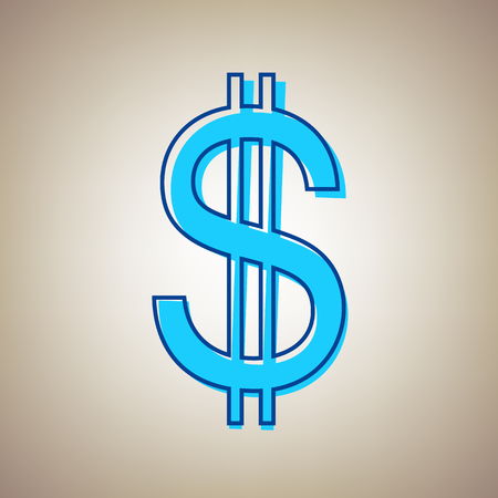 United states Dollar sign. Vector. Sky blue icon with defected blue contour on beige background.のイラスト素材