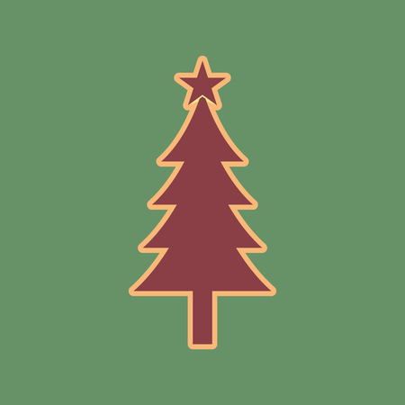 New year tree sign. Vector. Cordovan icon and mellow apricot halo with light khaki filled space at russian green background.のイラスト素材
