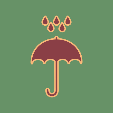 Umbrella with water drops. Rain protection symbol. Flat design style. Vector. Cordovan icon and mellow apricot halo with light khaki filled space at russian green background.のイラスト素材