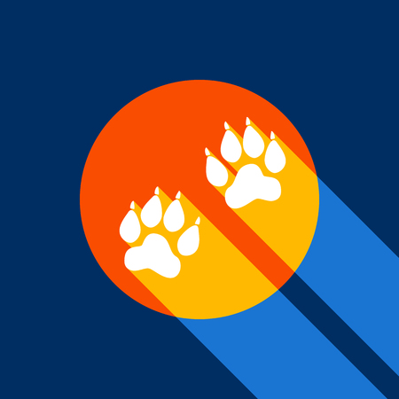 Animal Tracks sign. Vector. White icon on tangelo circle with infinite shadow of light at cool black background. Selective yellow and bright navy blue are produced.のイラスト素材