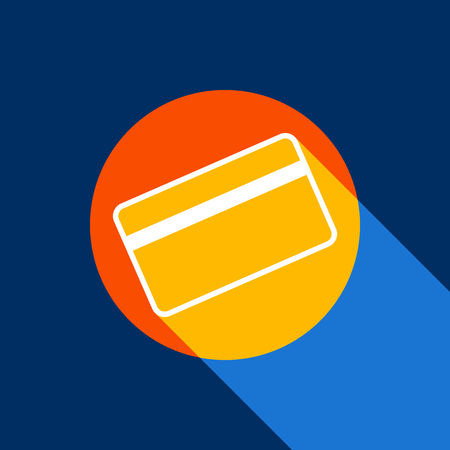 Credit card symbol for download. Vector. White icon on tangelo circle with infinite shadow of light at cool black background. Selective yellow and bright navy blue are produced.のイラスト素材