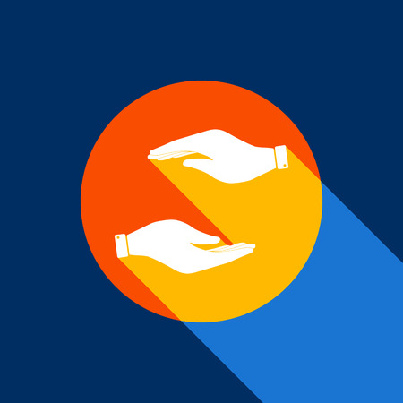Hand sign illustration. Vector. White icon on tangelo circle with infinite shadow of light at cool black background. Selective yellow and bright navy blue are produced.のイラスト素材