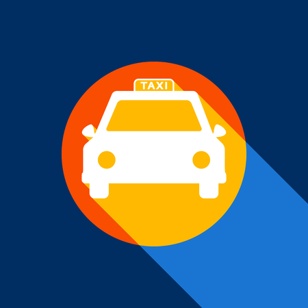 Taxi sign illustration. Vector. White icon on tangelo circle with infinite shadow of light at cool black background. Selective yellow and bright navy blue are produced.のイラスト素材