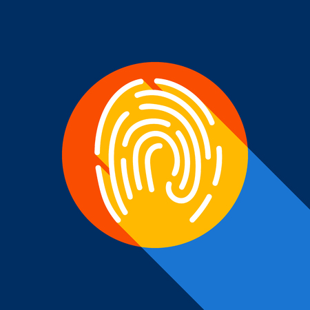 Fingerprint sign illustration. Vector. White icon on tangelo circle with infinite shadow of light at cool black background. Selective yellow and bright navy blue are produced.のイラスト素材