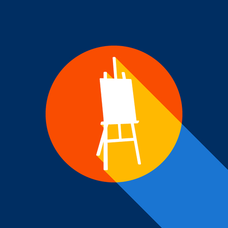 Easel sign. Vector. White icon on tangelo circle with infinite shadow of light at cool black background. Selective yellow and bright navy blue are produced.のイラスト素材