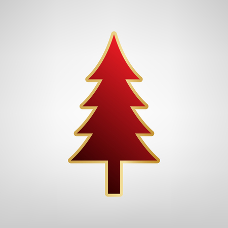 New year tree sign. Vector. Red icon on gold sticker at light gray background.のイラスト素材