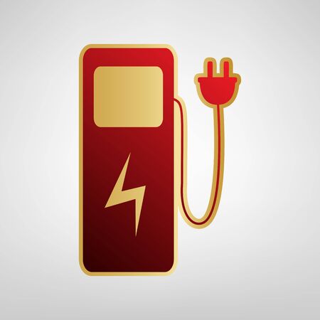 Electric car charging station sign. Vector. Red icon on gold sticker at light gray background.のイラスト素材