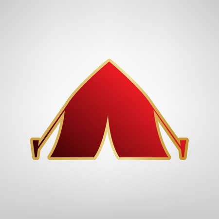 Tourist tent sign. Vector. Red icon on gold sticker at light gray background.のイラスト素材