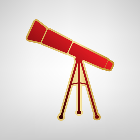 Telescope simple sign. Vector. Red icon on gold sticker at light gray background.のイラスト素材