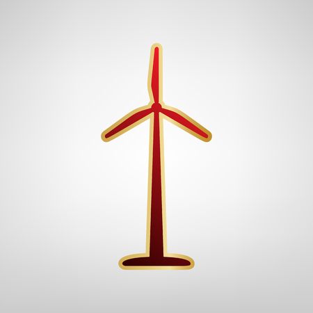 Wind turbine logo or sign. Vector. Red icon on gold sticker at light gray background.のイラスト素材