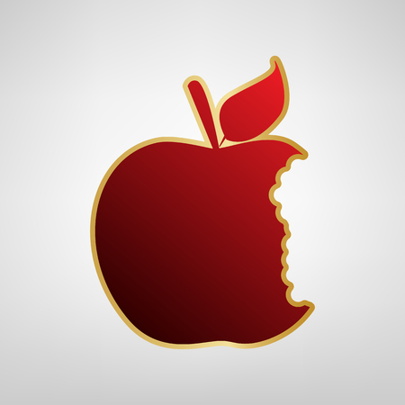 Bited apple sign. Vector. Red icon on gold sticker at light gray background.のイラスト素材