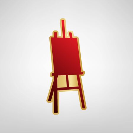 Easel sign. Vector. Red icon on gold sticker at light gray background.のイラスト素材