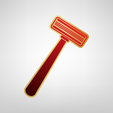 Safety razor sign. Vector. Red icon on gold sticker at light gray background.のイラスト素材