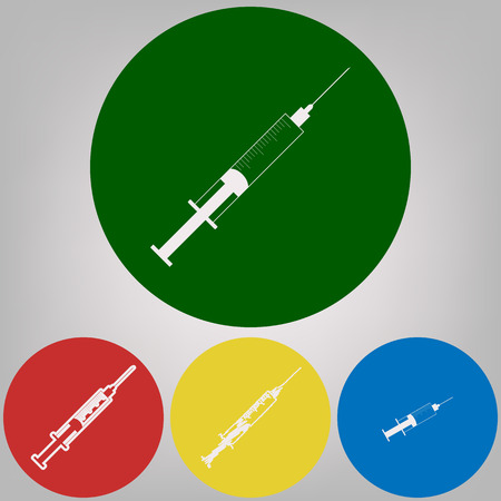 Syringe sign illustration. Vector. 4 white styles of icon at 4 colored circles on light gray background.のイラスト素材
