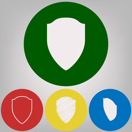 Shield sign illustration. Vector. 4 white styles of icon at 4 colored circles on light gray background.のイラスト素材