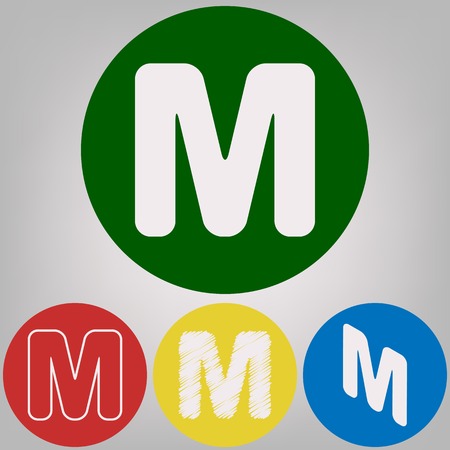 Letter M sign design template element. Vector. 4 white styles of icon at 4 colored circles on light gray background.のイラスト素材