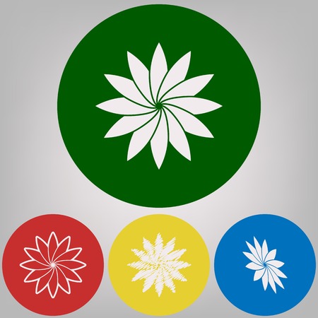 Flower sign. Vector. 4 white styles of icon at 4 colored circles on light gray background.のイラスト素材