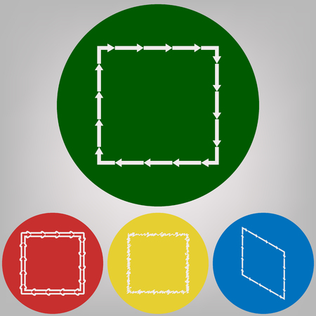 Arrow on a square shape. Vector. 4 white styles of icon at 4 colored circles on light gray background.のイラスト素材
