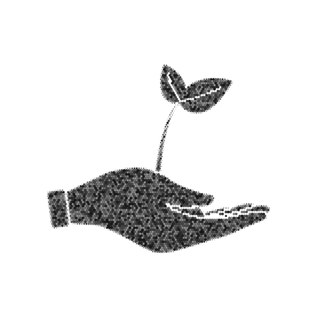 sprout in a hand sign of environmental protection. Vector. Black icon from many ovelapping circles with random opacity on white background. Noisy. Isolated.のイラスト素材