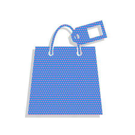 Shopping bag sign with tag. Neon blue icon with cyclamen polka dots pattern.のイラスト素材