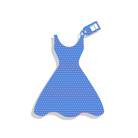 Woman dress sign with tag. Vector. Neon blue icon with cyclamen polka dots pattern with light gray shadow on white background. Isolated.のイラスト素材