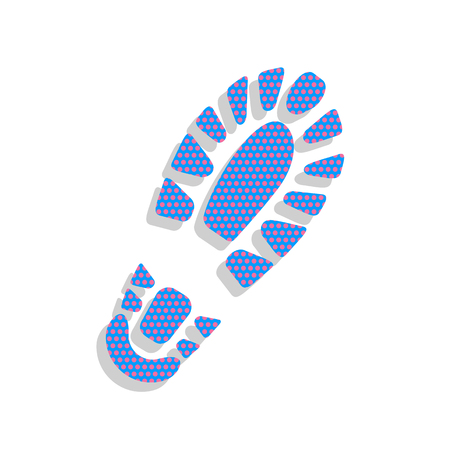 Footprint boot sign. Vector. Neon blue icon with cyclamen polka dots pattern with light gray shadow on white background. Isolated.のイラスト素材