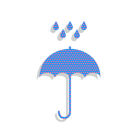 Umbrella with water drops. Rain protection symbol. Flat design style. Vector. Neon blue icon with cyclamen polka dots pattern with light gray shadow on white background. Isolated.のイラスト素材