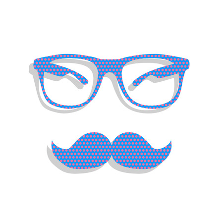 Mustache and Glasses sign. Vector. Neon blue icon with cyclamen polka dots pattern with light gray shadow on white background. Isolated.のイラスト素材