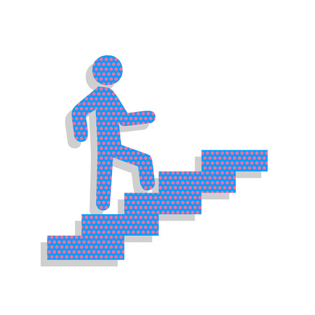 Man on Stairs going up. Vector. Neon blue icon with cyclamen polka dots pattern with light gray shadow on white background. Isolated.のイラスト素材