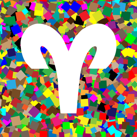 Aries sign illustration. Vector. White icon on colorful background with seamless pattern from squares.のイラスト素材