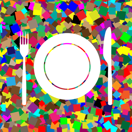 Fork, Knife and Plate sign. Vector White icon on colorful background with seamless pattern from squares.のイラスト素材