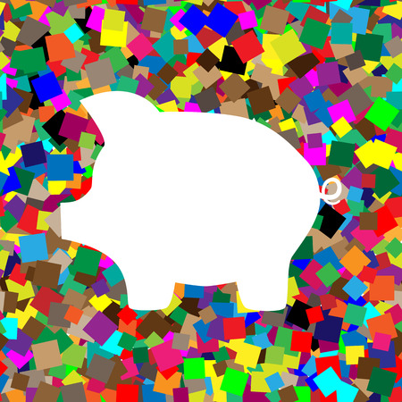Pig money bank sign. Vector White icon on colorful background with seamless pattern from squares.のイラスト素材