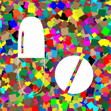 Medical pills sign. Vector White icon on colorful background with seamless pattern from squares.のイラスト素材