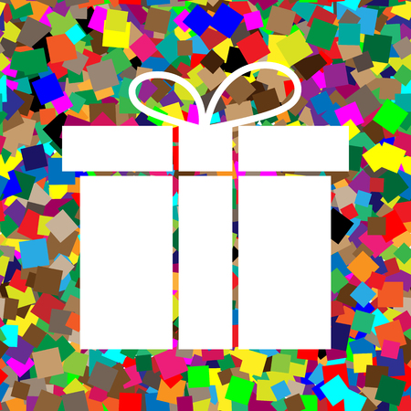 Gift box sign. Vector  White icon on colorful background with seamless pattern from squares.のイラスト素材