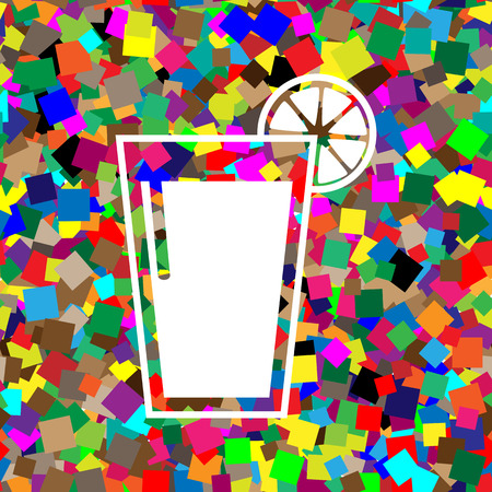 Glass of juice icons. Vector. White icon on colorful background with seamless pattern from squares.のイラスト素材