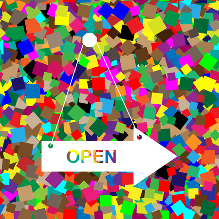 Open sign illustration. Vector. White icon on colorful background with seamless pattern from squares.のイラスト素材