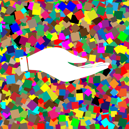 Hand sign illustration. Vector. White icon on colorful background with seamless pattern from squares.のイラスト素材