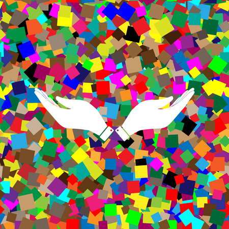 Hand sign illustration. Vector. White icon on colorful background with seamless pattern from squares.のイラスト素材