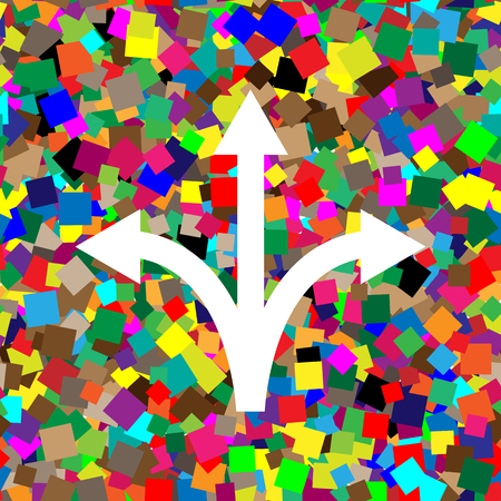 Three-way direction arrow sign. Vector. White icon on colorful background with seamless pattern from squares.のイラスト素材