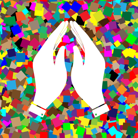 Hand icon illustration. Prayer symbol. Vector. White icon on colorful backgroundのイラスト素材