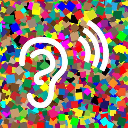 Human anatomy. Ear sign with soundwave. Vector. White icon on colorful background with seamless pattern from squares.のイラスト素材