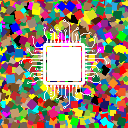 CPU Microprocessor illustration. Vector. White icon on colorful background with seamless pattern from squares.のイラスト素材