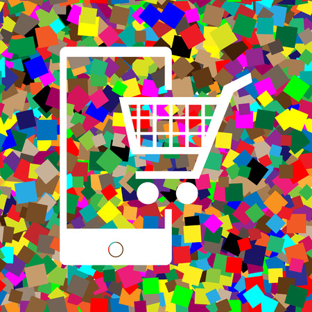 Shopping on smart phone sign. Vector. White icon on colorful background with seamless pattern from squares.のイラスト素材