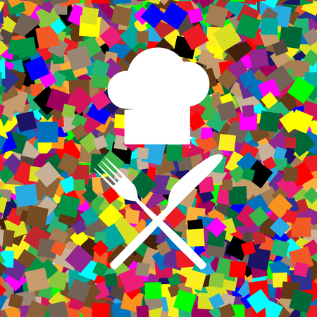 Chef with knife and fork sign. Vector. White icon on colorful background with seamless pattern from squares.のイラスト素材