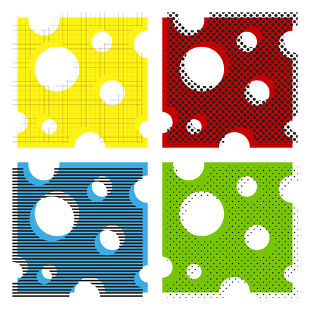 Cheese slice sign. Vector. Yellow, red, blue, green icons with their black texture at white background.のイラスト素材